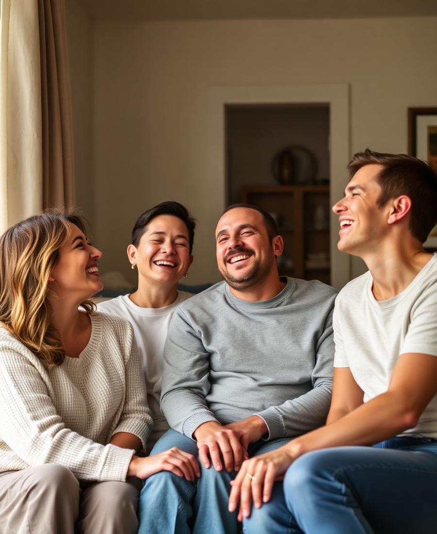 Família reunida sorrindo em casa