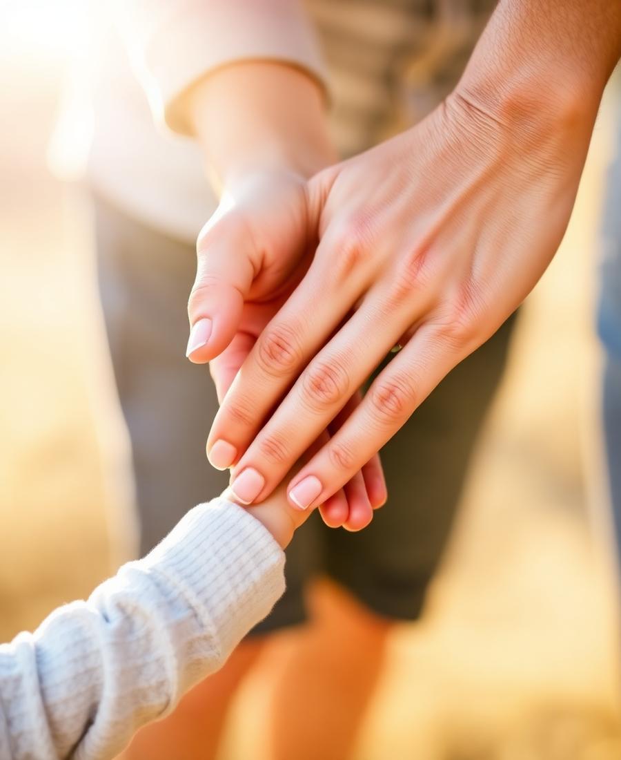 Mão de adulto segurando a mão de uma criança