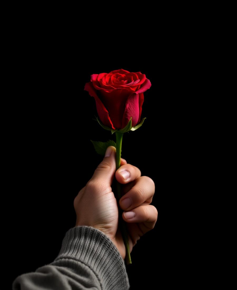 Mão segurando uma rosa vermelha
